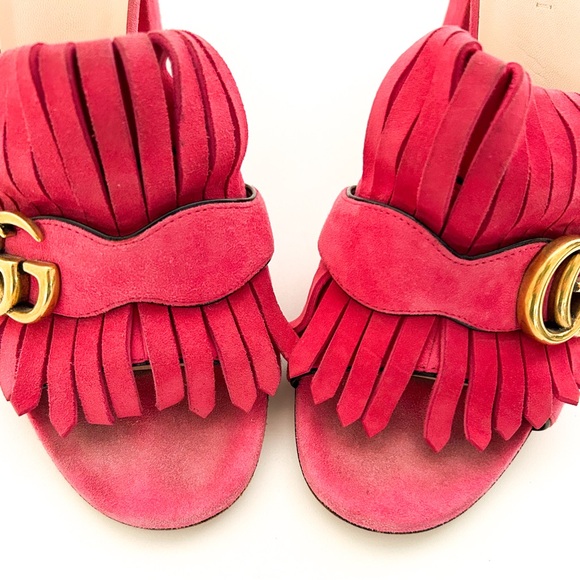 Gucci Marmont GG Logo Hot Pink Red Suede Fringed High Heeled Mules Slides 37.5 - Picture 8 of 12